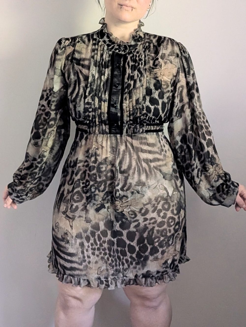 Y2K Vintage Mushka by Sienna Rose Peasant Goth Sheer Chiffon Leopard Dress